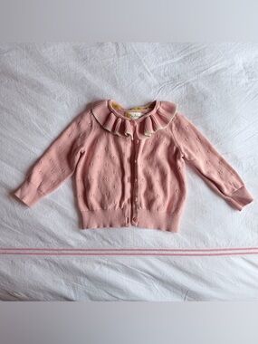 Mini Boden Pink Pointelle Knit Cardigan with Ruffle Collar Trim 2-3 years